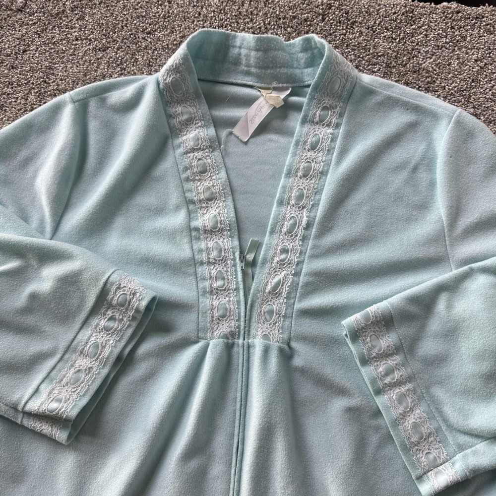 SizeAppeal Robe Womens Large Blue Fleece Zip Front Kaftan Lace Trim Sleepwear